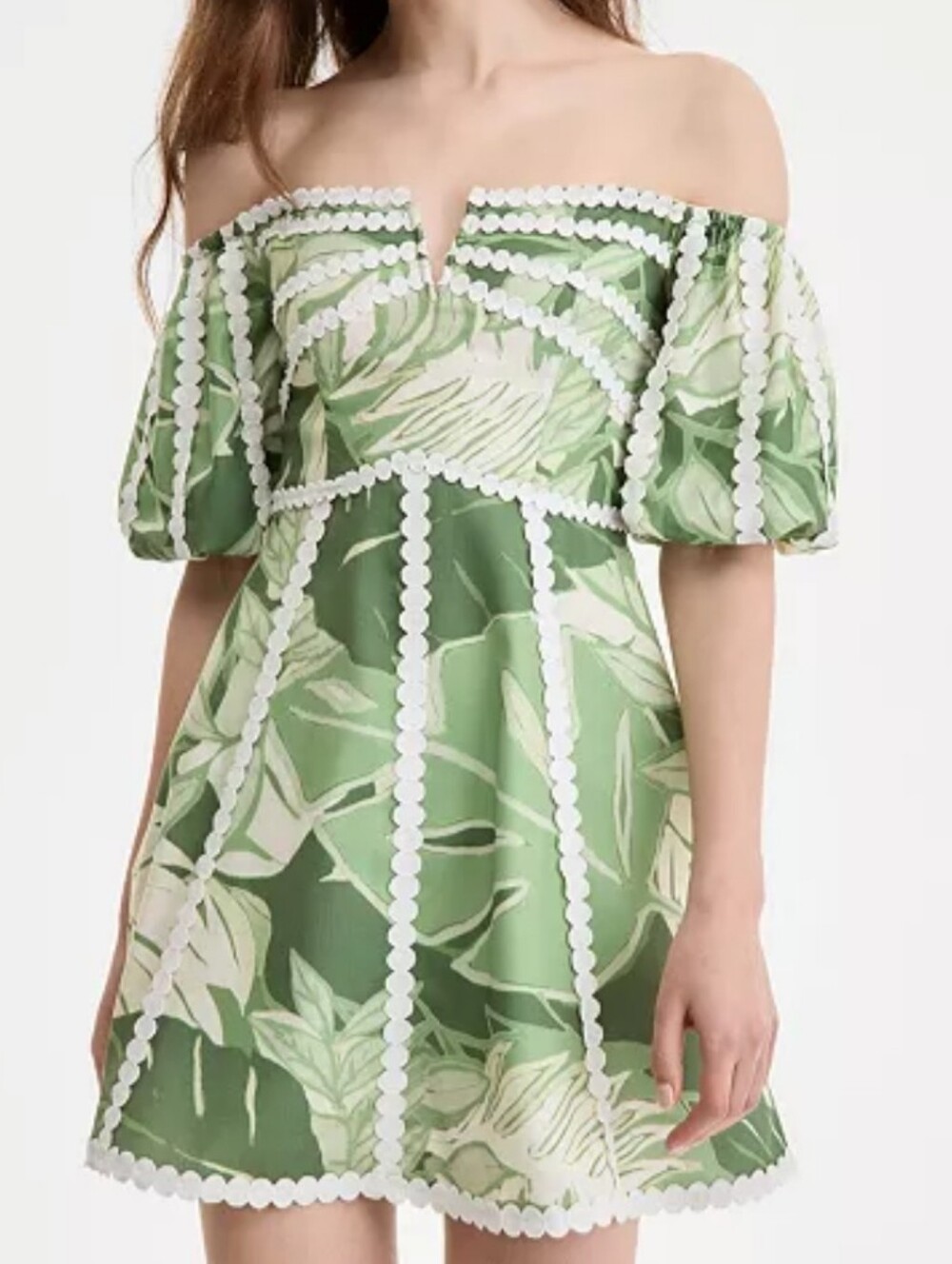 NWT RACHEL Rachel Roy Circle-Trim Off-The-Shoulder Dress - Green Leaf Print